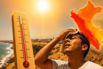 Un hombre se seca el sudor frente a un termómetro y un mapa de Perú iluminado por un sol intenso sobre un paisaje costero.