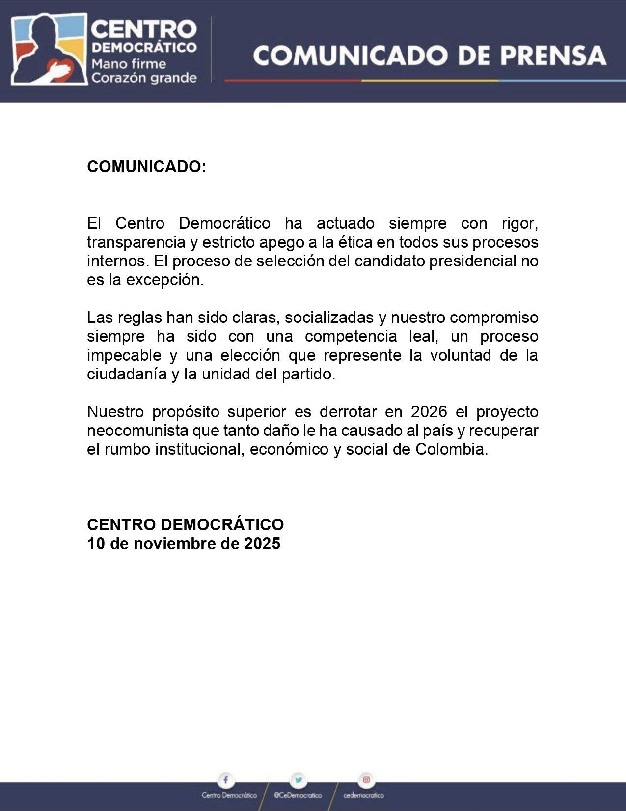 Comunicado del Centro Democrático - crédito Centro Democrático