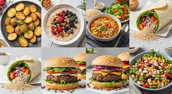 Seis platos variados dispuestos en una cuadrícula: batatas asadas, avena con bayas, sopa de cebada, burrito de quinua, hamburguesas de lentejas y ensalada de porotos.