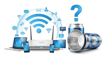 Router WiFi con ondas y dispositivos conectados, incluyendo laptop, smartphones y Smart TV. Dos latas de cerveza, una cortada como reflector, y un signo de interrogación.