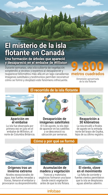 Infografía con ilustraciones de una isla con árboles, mapas de un embalse, íconos meteorológicos, datos de superficie y texto informativo.
