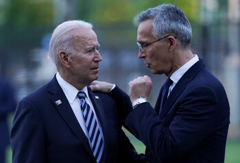 U.S. President Joe Biden and NATO Secretary-General Jens Stoltenberg talk after the NATO summit in Brussels, Belgium June 14, 2021. REUTERS/Kevin Lamarque