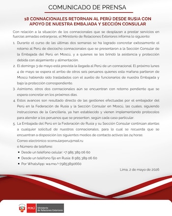 Un comunicado de prensa del Ministerio de Relaciones Exteriores del Perú con un titular sobre el retorno de connacionales desde Rusia y un texto detallado