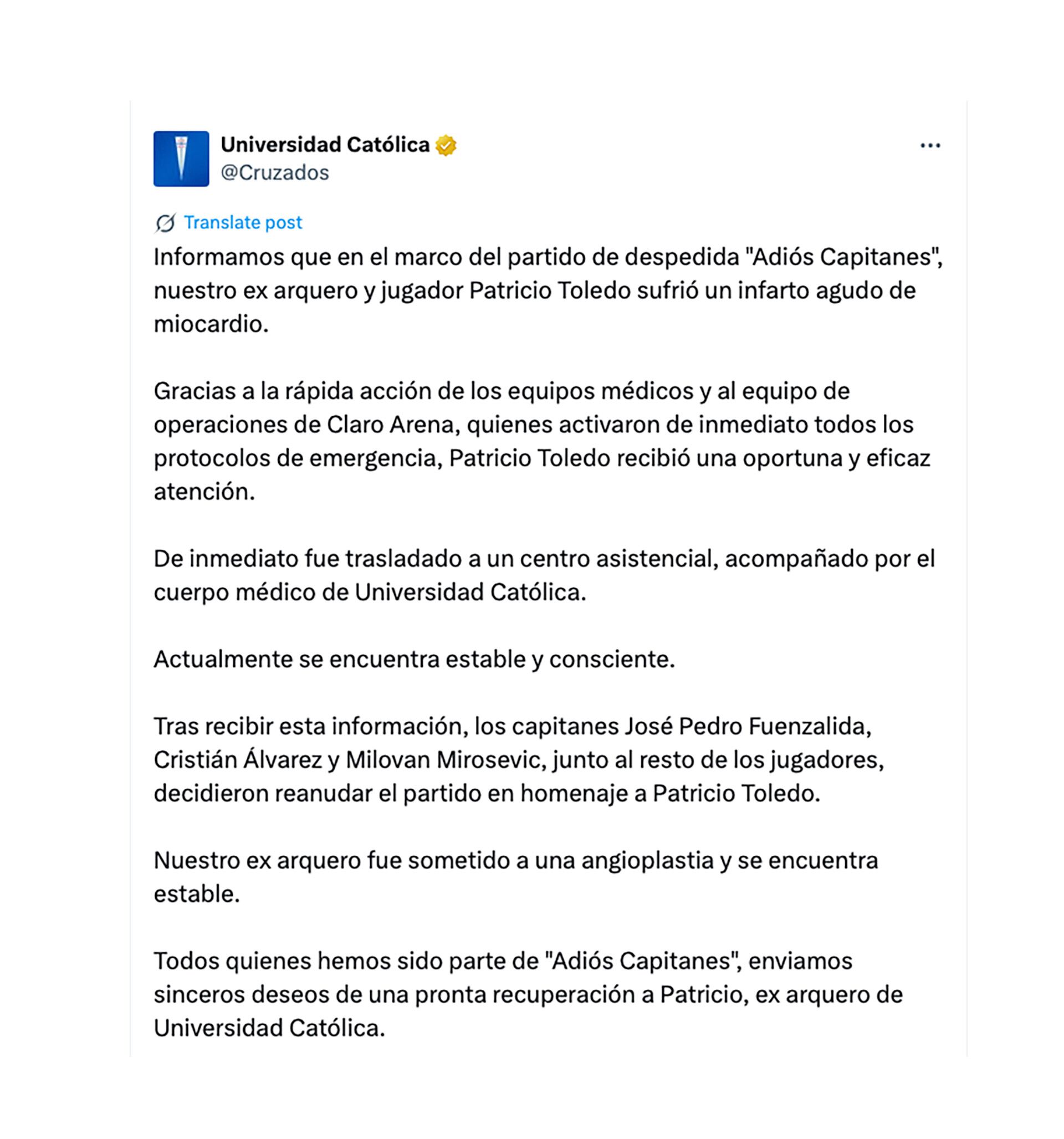 El comunicado de la Católica sobre el incidente de Toledo