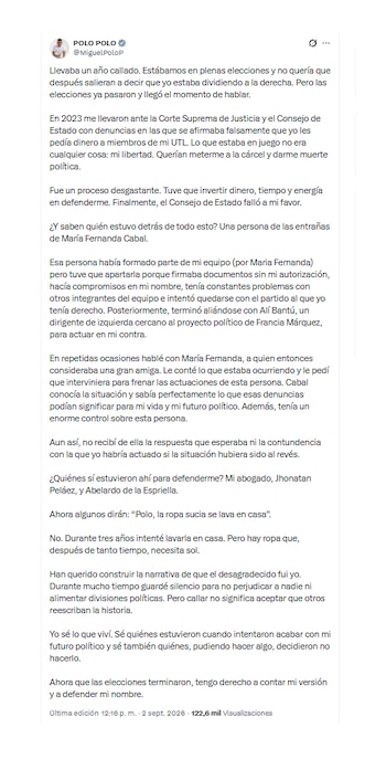 Miguel Polo Polo se despachó contra María Fernanda Cabal