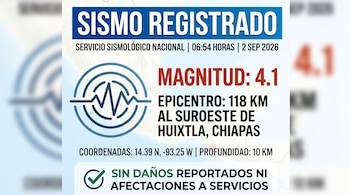 Infografía con datos de un sismo de magnitud 4.1 a 118 kilómetros al suroeste de Huixtla, Chiapas, del Servicio Sismológico Nacional.