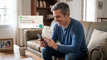 Un hombre de mediana edad sonríe mientras mira su teléfono; una notificación de WhatsApp dice '¡Feliz día del padre!'. Se ve una foto de niños y una taza.