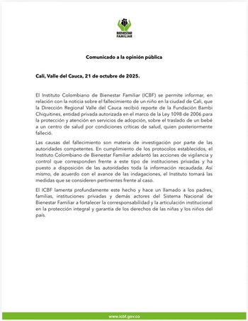 Icbf sobre muerte bebé de