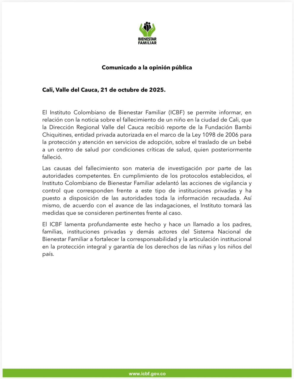 Icbf sobre muerte bebé de dos meses en Cali - crédito Icbf redes sociales/X