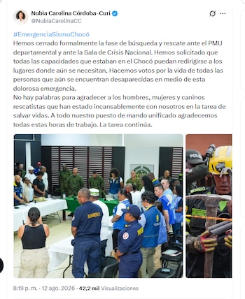 La gobernadora de Nubia Carolina Córdoba-Curi agradeció a los rescatistas por la labor de búsqueda de desaparecidos que efectuaron en Chocó - crédito @NubiaCarolinaCC/X