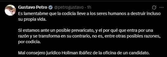 Presidente Gustavo Petro reaviva la polémica al referirse al caso de la congresista Gloria Arizabaleta y cuestionar a su entorno jurídico en un mensaje publicado en X - crédito Gustavo Petro/X