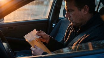 Un hombre sentado en el asiento del conductor de un automóvil sostiene un sobre abierto y un cheque de papel.