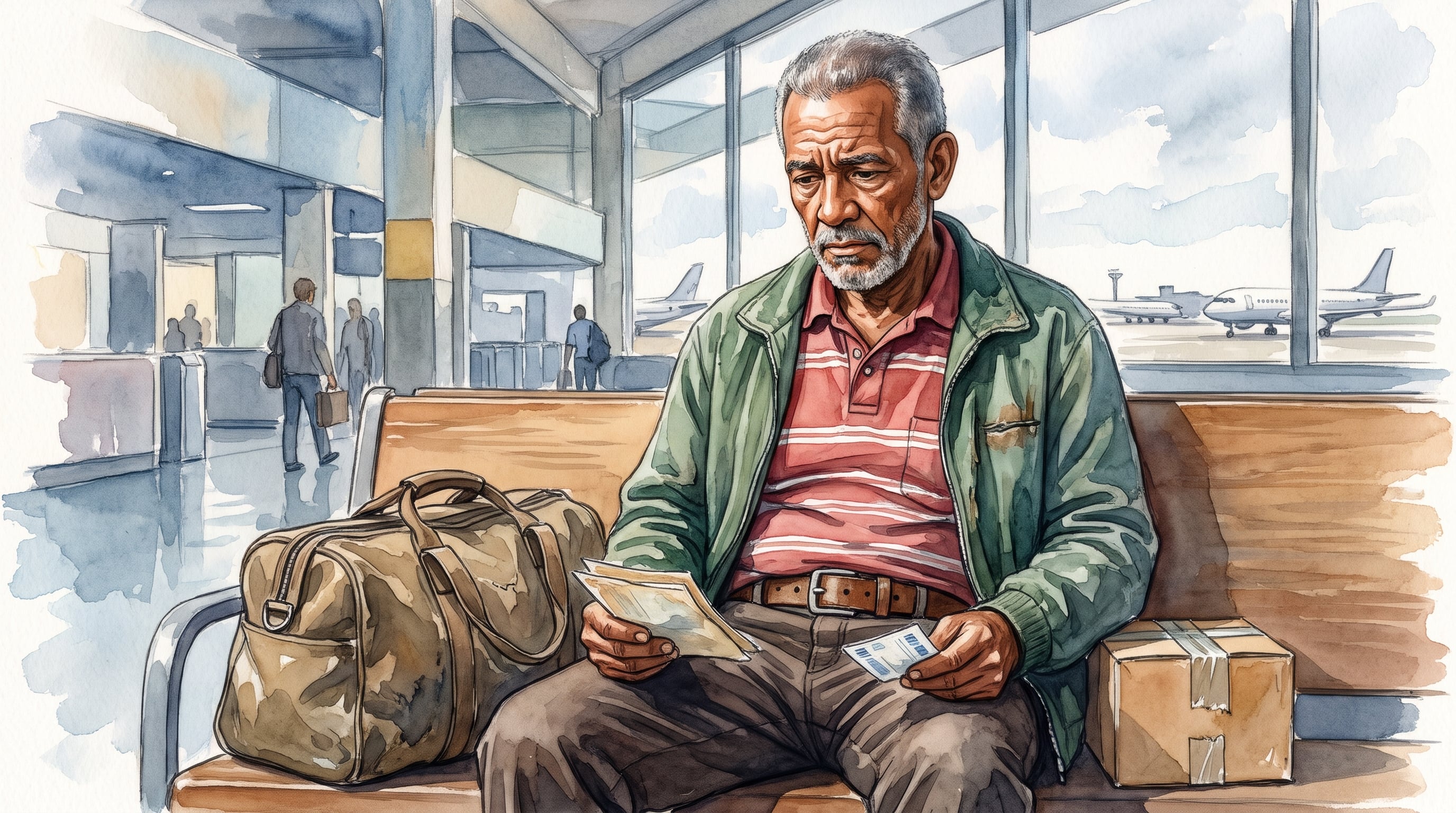 Un ciudadano cubano de edad avanzada observa sus documentos junto a su equipaje en la sala de espera de un aeropuerto antes de su deportación. (Imagen Ilustrativa Infobae)