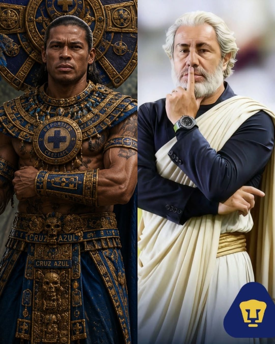 La imagen yuxtapone la figura de Huiqui, representado como un guerrero ancestral con vestimenta elaborada de Cruz Azul, y la de Juárez, un estratega moderno de Pumas con toga, simbolizando los contrastes en el fútbol mexicano. (X)