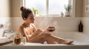 Mujer sentada en una bañera aplicando azúcar moreno en su pierna. Se ven un frasco con azúcar, una botella de aceite de coco y una toalla al lado.