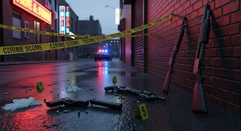 Cinta amarilla con texto "CRIME SCENE", una patrulla de policía, dos pistolas, un revólver, dos escopetas, casquillos, guantes y marcadores en el pavimento mojado.