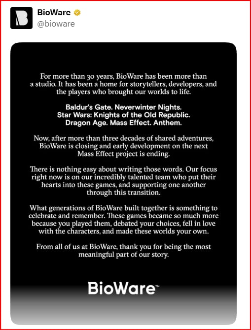 BioWare confirmó el cierre en un comunicado publicado en su cuenta oficial de X.
(X/BioWare)