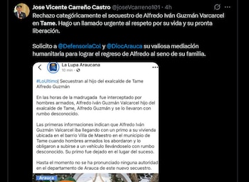 Desde el Centro Democrático rechazaron el secuestro el hijo del exalcalde de Tame, Arauca - crédito X