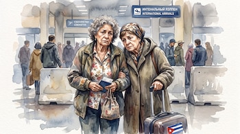 Ilustración en acuarela de dos mujeres mayores con equipaje que tiene una pegatina de la bandera de Cuba en un aeropuerto.