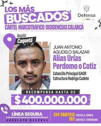 A mediados de febrero de 2026 se compartió este volante por parte del Ministerio de Defensa y la Gobernación de Caquetá, en el que se ofrecen $400 millones de recompensa a quien brinde información que permita dar con la captura de Juan Antonio Agudelo Salazar, alias Urias Perdomo - crédito Gobernación de Caquetá / Facebook