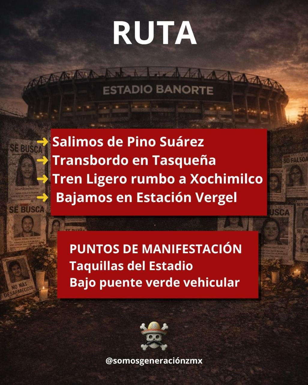 Los puntos para poder reunirse se ubican, principalmente en el centro de la ciudad, pero no es necesario seguirlos para acudir a la marcha. (TW @somosgeneracionzmx)
