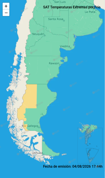 Mapa de Argentina con áreas en verde y amarillo en Patagonia, controles de zoom, recuadro de Malvinas y fecha de emisión 04/08/2026