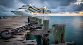 Scooter eléctrico negro sobre muelle de madera con un gran crucero blanco atracado al fondo. Mar azul y cielo con nubes oscuras al atardecer.