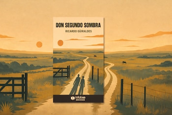 Tapa del libro Don Segundo Sombra de Ricardo Güiraldes sobre un fondo de paisaje rural que incluye un camino de tierra, vallas, pastizales, montañas y dos figuras humanas.