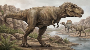 Ilustración de un Tyrannosaurus Rex marrón-verdoso en primer plano. A la derecha, un Spinosaurus y otro dinosaurio junto a un río y rocas. Vegetación densa.