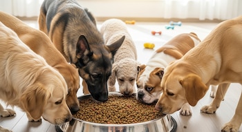 Primer plano de seis perros de diferentes razas, incluyendo Golden Retrievers, un Pastor Alemán, un Bulldog y un Caniche, comiendo croquetas de un cuenco metálico grande.