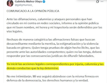 Gabriela Muñoz rechazó los señalamientos y afirmó que intentan afectar su reputación personal y profesional - crédito @gabymunozz_/X