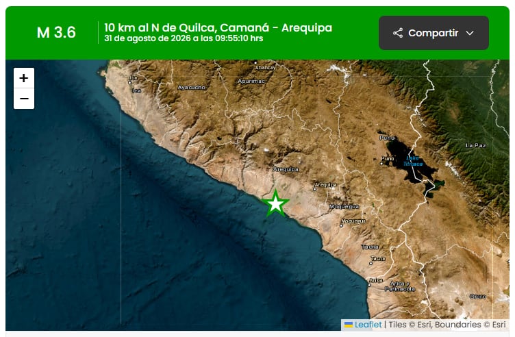 Un mapa satelital ubica el epicentro del sismo de magnitud 3,6 registrado a 10 kilómetros al norte de Quilca, en la provincia peruana de Camaná. (IGP)
