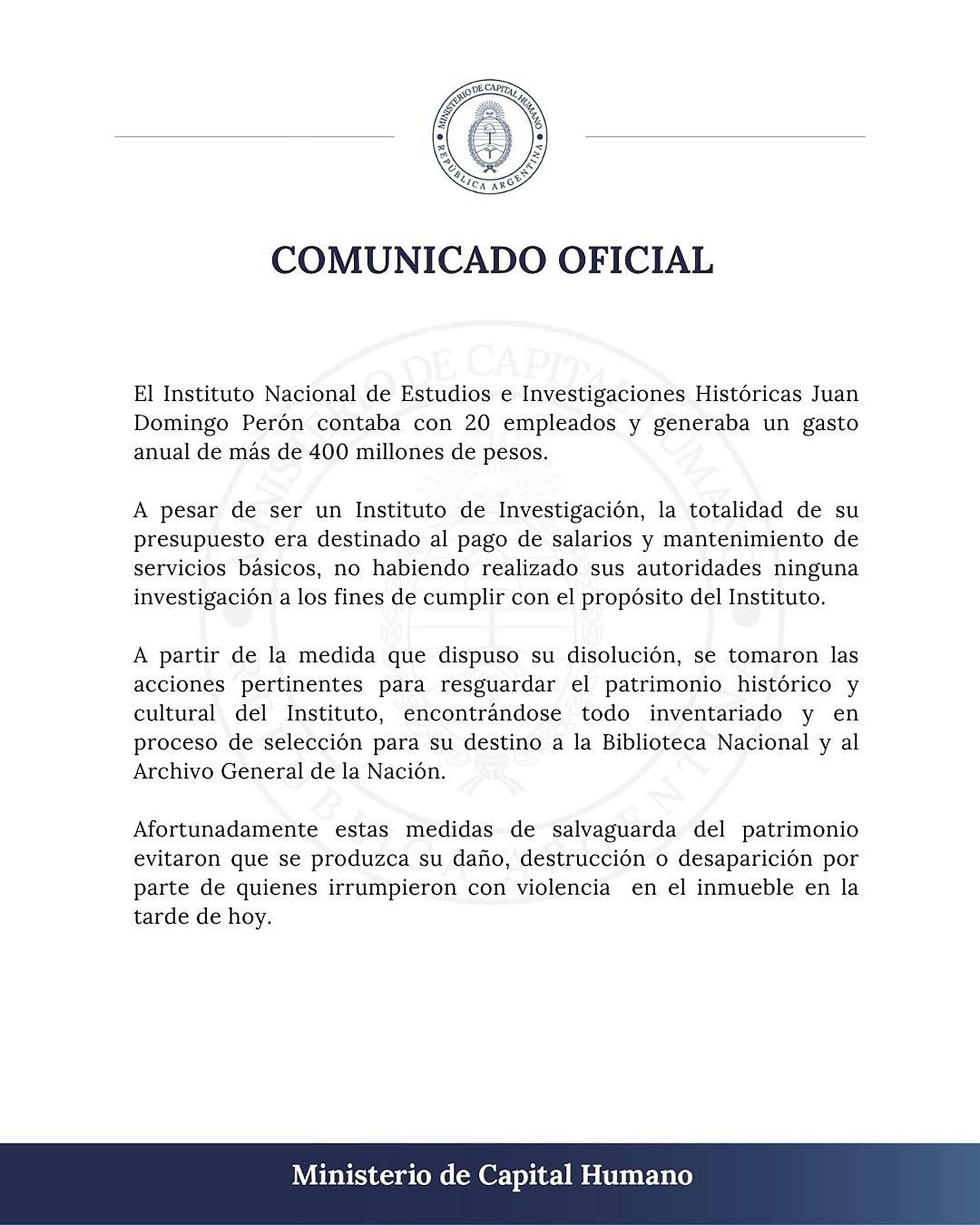 El comunicado del Ministerio de Capital Humano