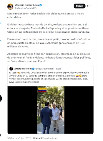Mauricio Gómez Amín, jefe de debate de Abelardo de la Espriella, hizo claridad sobre el video del candidato con Álvaro Uribe - crédito @MauricioGomezCO/X