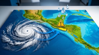 Mapa conceptual de Centroamérica centrado en El Salvador con un remolino de nubes en el Pacífico, flechas de humedad, gotas de agua y un triángulo de alerta amarilla.