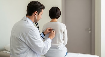 Un médico con bata blanca y estetoscopio ausculta la espalda de un paciente sentado en una camilla. Ambos están de espaldas en una sala de consulta.