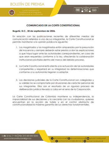 La corporación reiteró que Vladimir Fernández, al igual que los demás magistrados, está protegido por la presunción de inocencia mientras no exista una decisión en contrario de las autoridades competentes - crédito Corte Constitucional