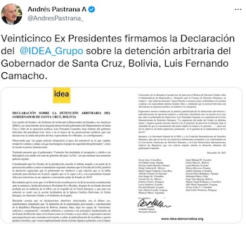 Veinticinco expresidentes firmamos la Declaración del IDEA sobre la detención arbitraria del Gobernador de Santa Cruz, Bolivia, Luis Fernando Camacho