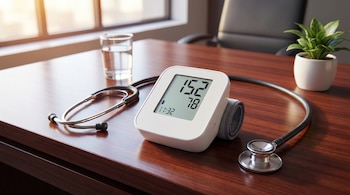 Tensiómetro digital blanco con pantalla que muestra '152 78' y '11:32', un estetoscopio, un vaso de agua y una planta sobre un escritorio de madera.