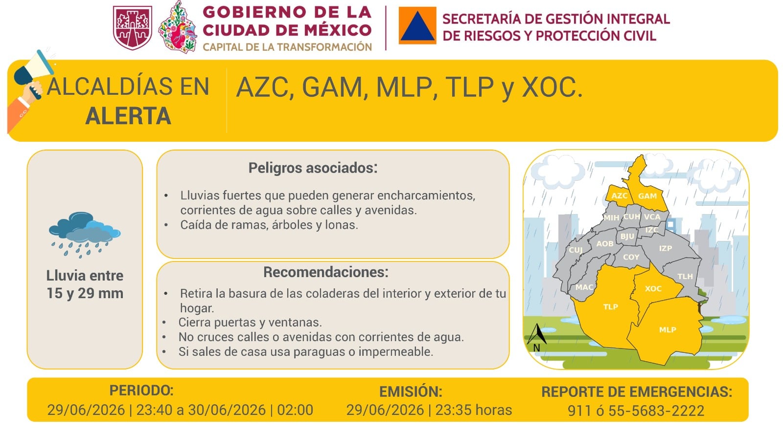 Alerta amarilla por lluvias en diversas alcaldías de la CDMX. (rede sociales)