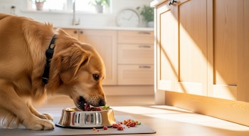 Un perro Golden Retriever de color miel come de un cuenco metálico con comida BARF en el suelo de madera de una cocina con armarios claros.