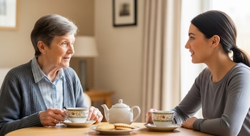 Dos mujeres de diferentes edades sentadas frente a frente en una mesa de madera, tomando té y conversando animadamente, con galletas y una tetera blanca.
