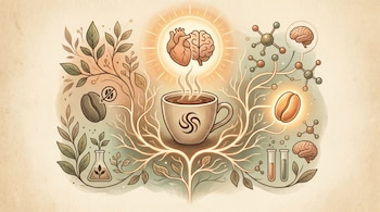 Ilustración conceptual de una taza de café humeante en el centro, con raíces y hojas a su alrededor. Se ven granos de café (uno descafeinado), corazón, cerebro, moléculas y tubos de ensayo.