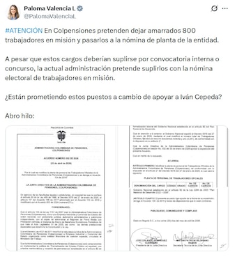 Paloma Valencia, candidata presidencial, lamentó que en Colpensiones se busquen nuevos puestos para apoyar a Iván Cepeda - crédito @PalomaValenciaL/X