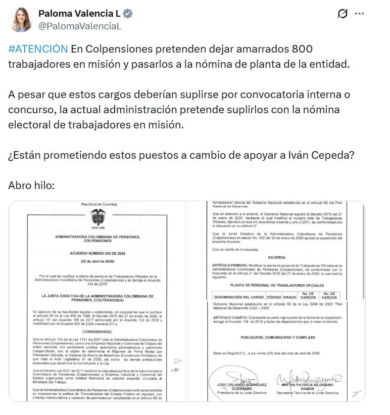 Paloma Valencia, candidata presidencial, lamentó que en Colpensiones se busquen nuevos puestos para apoyar a Iván Cepeda - crédito @PalomaValenciaL/X