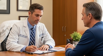 Un médico y un paciente sentados en un consultorio. El médico escribe en un portapapeles sobre un escritorio. Hay bolígrafos y una planta decorativa.