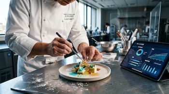 Un pastelero con chaquetilla blanca decora un plato con pinzas metálicas junto a una tableta digital con gráficos en una cocina.