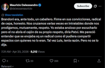 Captura de pantalla de un tuit de Mauricio Dalessandro en X, con su foto de perfil y texto en español sobre Brandoni, Intratables y la fecha 20 de abril de 2026