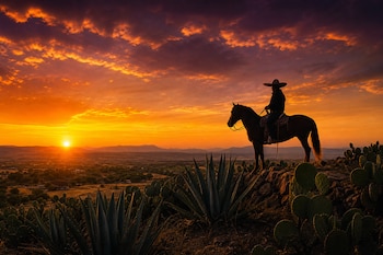Silueta de un jinete con sombrero sobre un caballo en una colina con agaves y nopales, con el sol poniente en el horizonte.