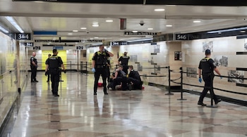 Pasillo de una estación de tránsito con varios policías deteniendo a una persona en el suelo; otros agentes observan y caminan cerca de las vías 3&4 y 5&6.